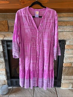 Johnny Was Pink Embroidered Button-Front Tunic